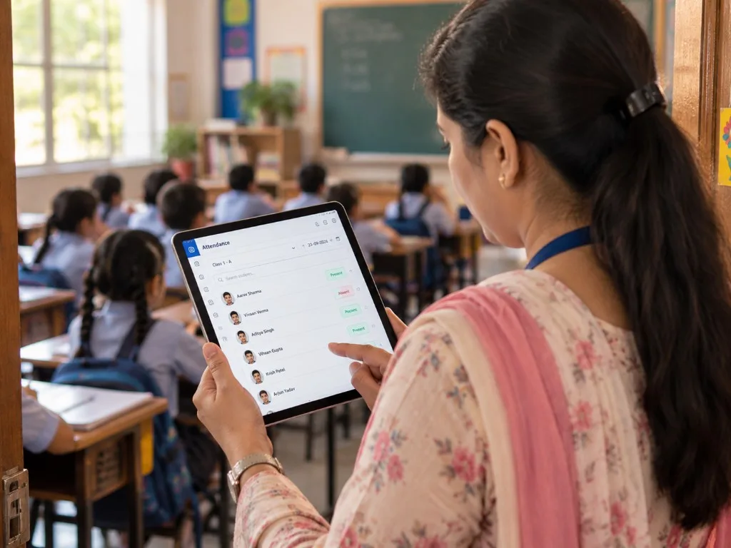 School attendance in Maharashtra: teacher marking class attendance on a tablet