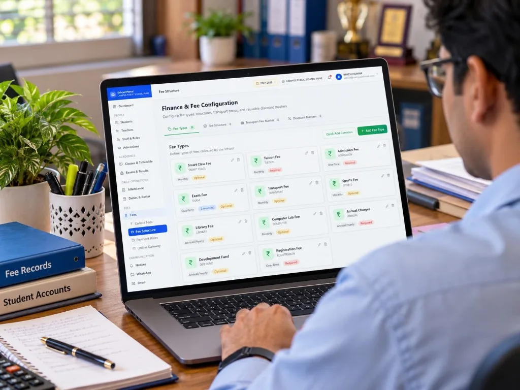 School fee software in Maharashtra: accounts team reviewing dues, receipts, and collection reports