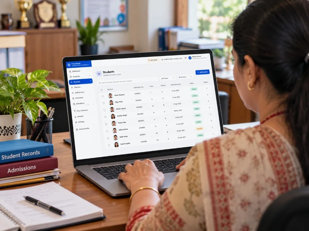 School ERP in Maharashtra: office staff reviewing student admission records
